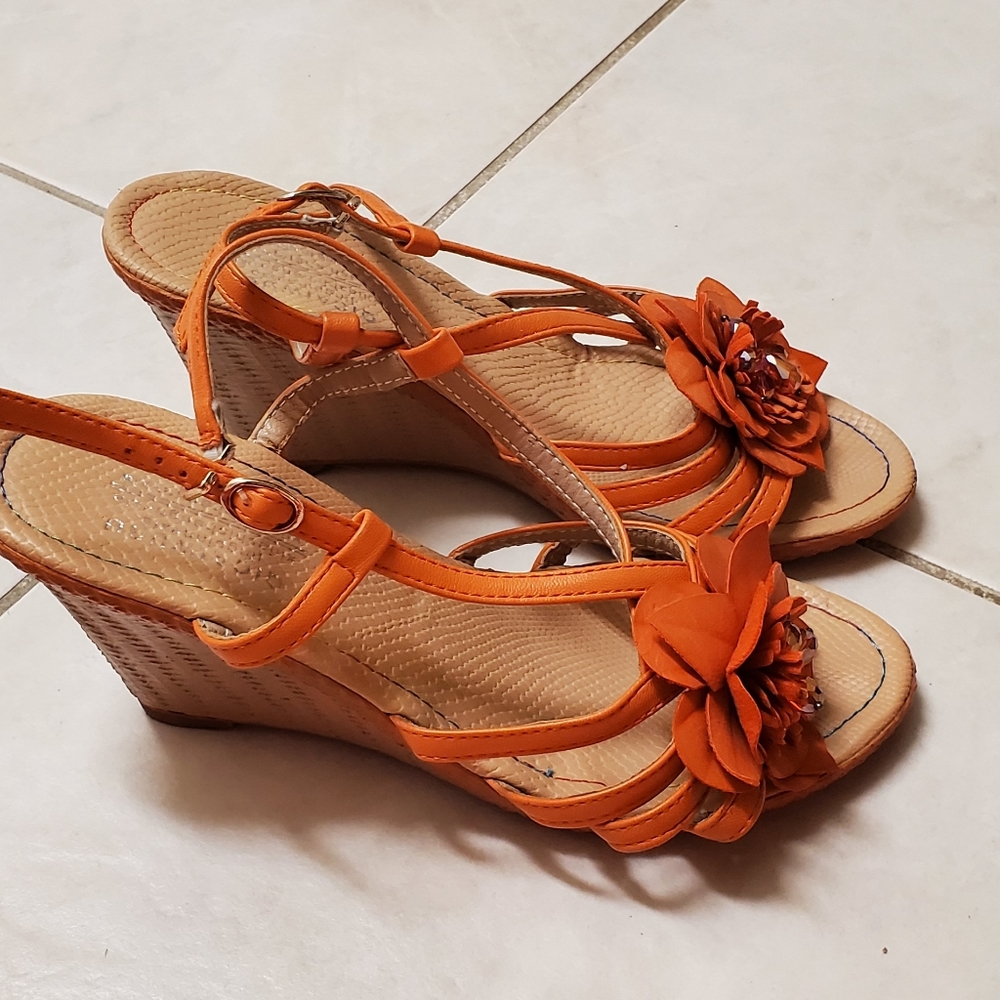 Orange Flowery Summer Wedges